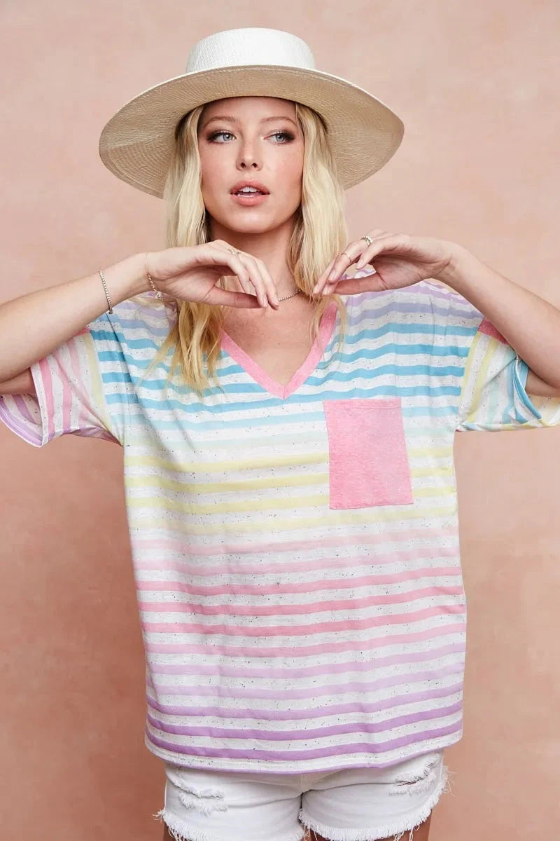 BiBi Rainbow Stripe Printed Triblend Knit Top