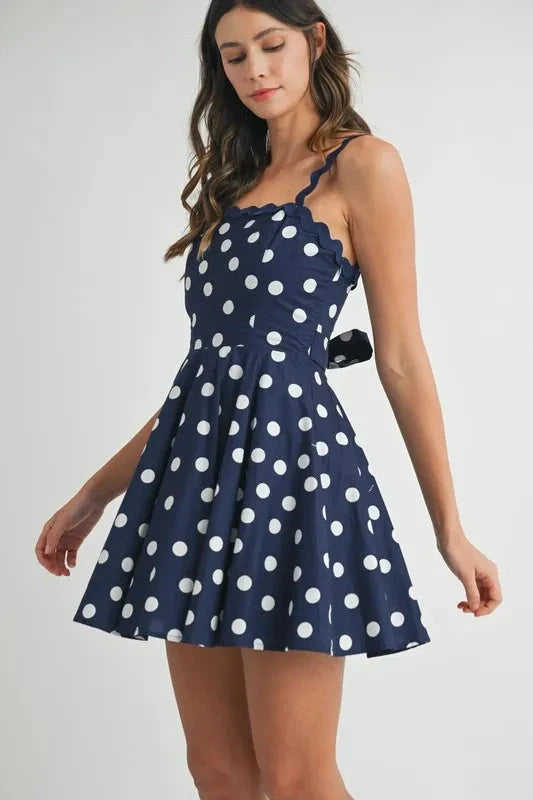 MABLE Polka Dot Mini Dress with Ricrac Trim Strap