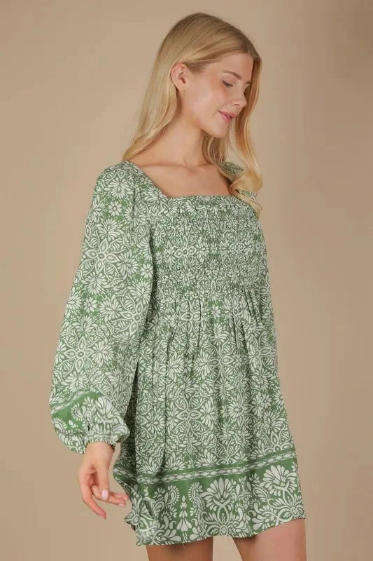 VERY J Printed Smocked Chest Boho Mini Dress