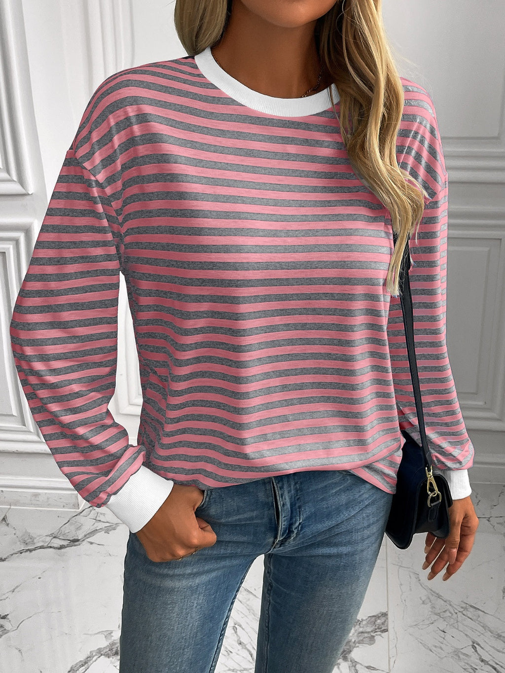 Ivy Lane Striped Round Neck Long Sleeve Sweatshirt - Laazaar