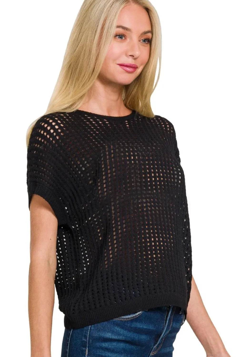 Zenana Viscose Crochet Knit Sheer Hollow Sweater