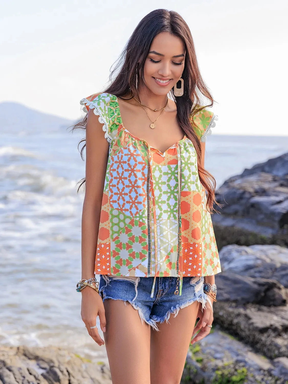 Lace Detail Printed Tie Neck Cap Sleeve Blouse