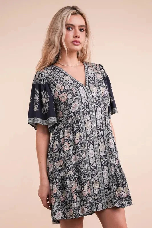 VERY J Shirring Detail Printed Woven Mini Dress
