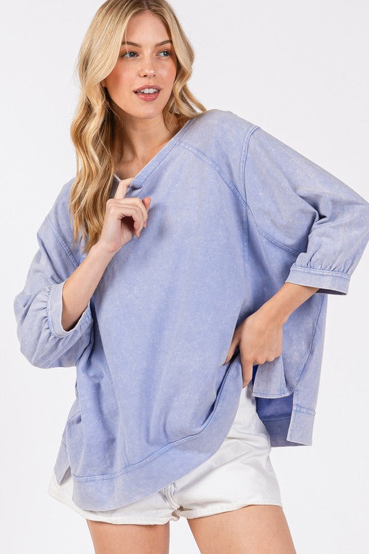SAGE + FIG Mineral Washed Side Slit Round Neck Sweatshirt - Laazaar