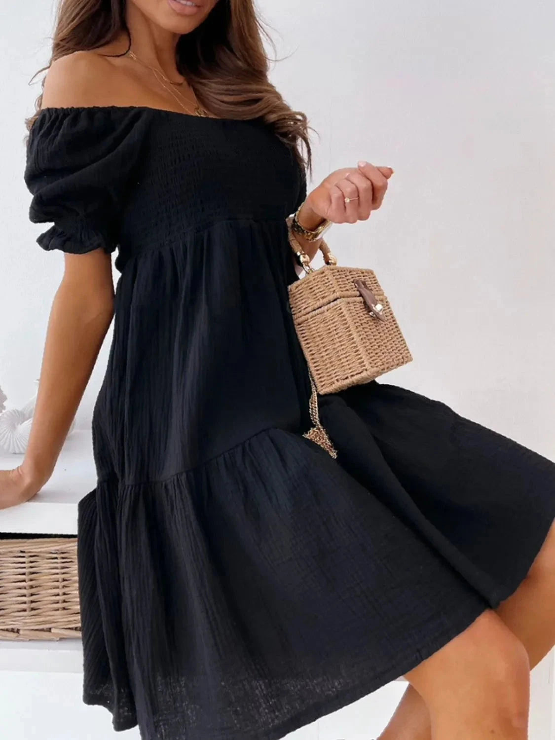 Smocked Off-Shoulder Mini Dress