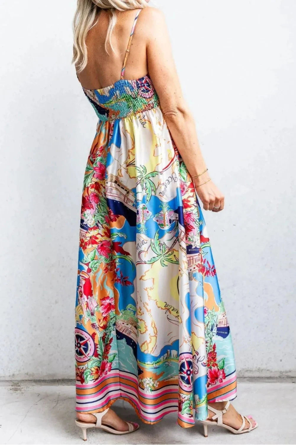 Smocked Back Printed Square Neck Maxi Cami Dress with Pockets