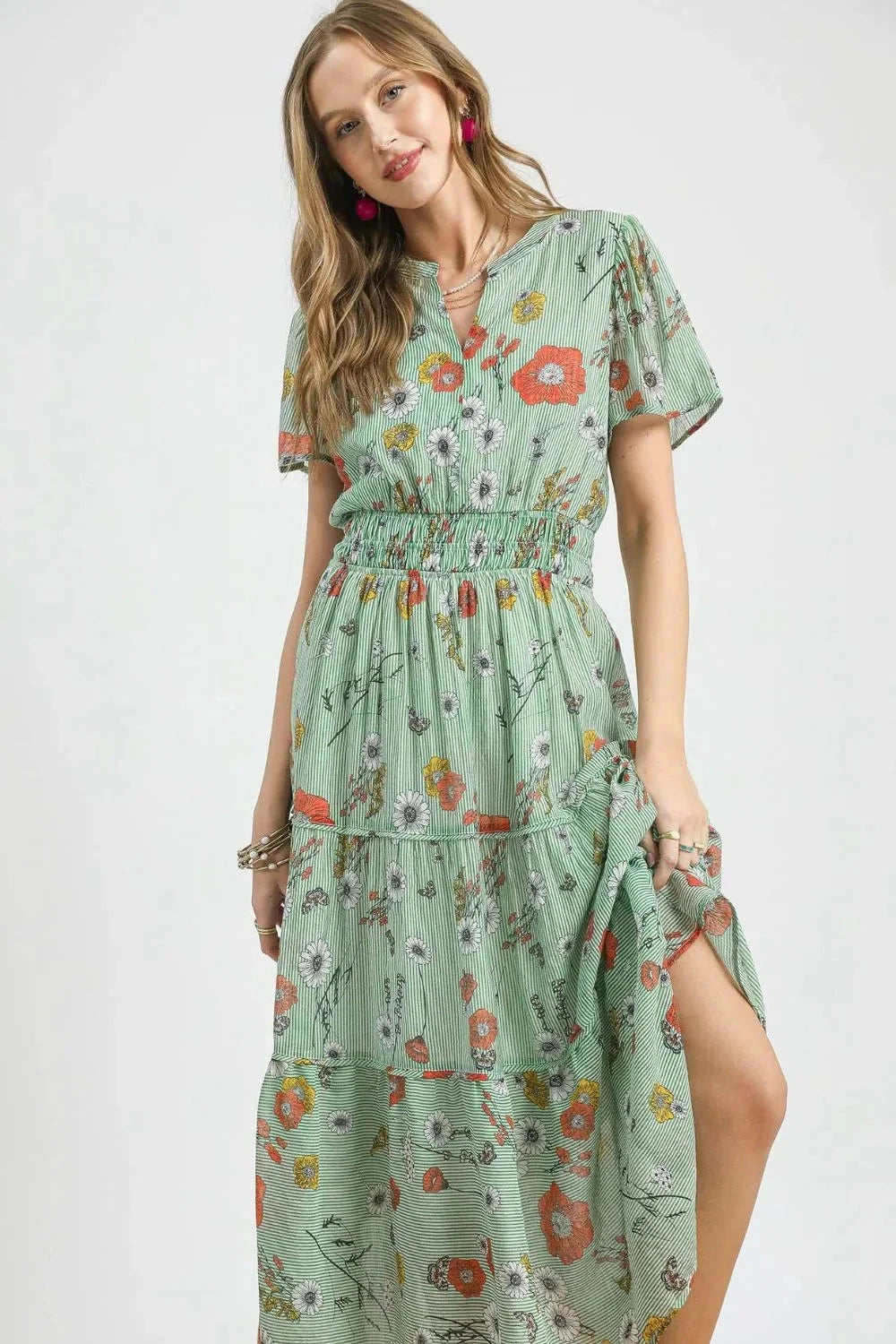 Umgee Smocked Waist Floral Short Sleeve Midi Dress