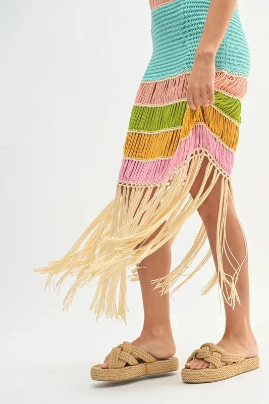 MABLE Multi Color Fringed Crochet Knit Dress