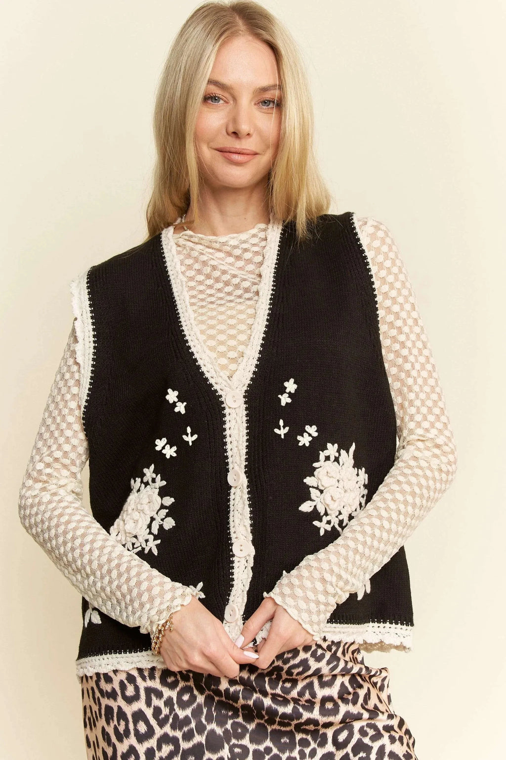 Davi & Dani Floral Embroidered Lace Sweater Knit Vest