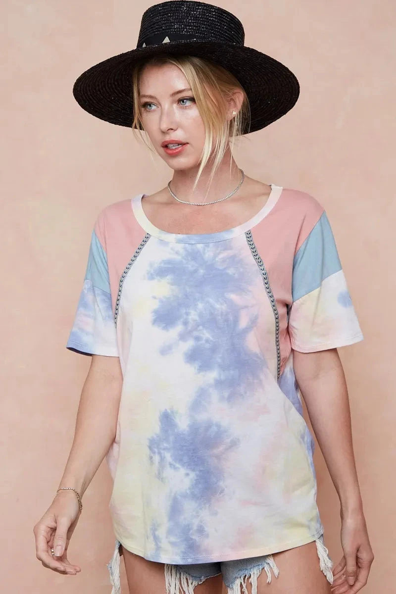 BiBi Tie Dye Printed Cotton Color Block T-Shirt