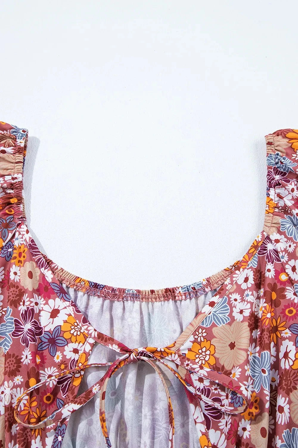 Floral Puff Sleeve Square Neck Knot Open Back Mini Dress