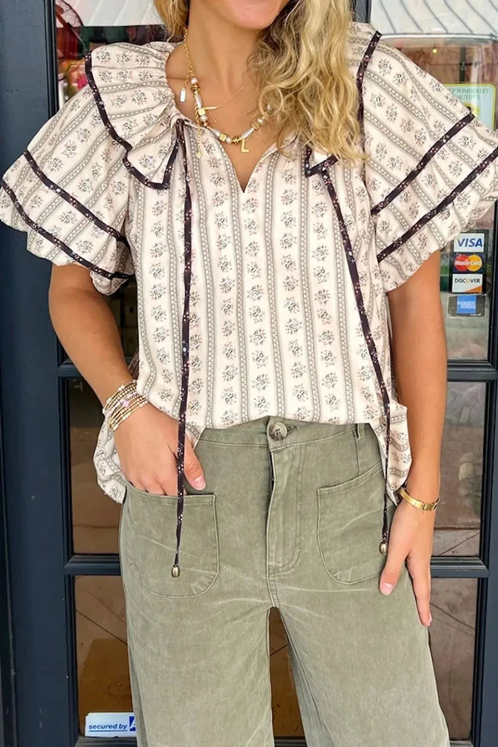 Floral Ruffled Collar Short Puff Sleeve Printed Blouse