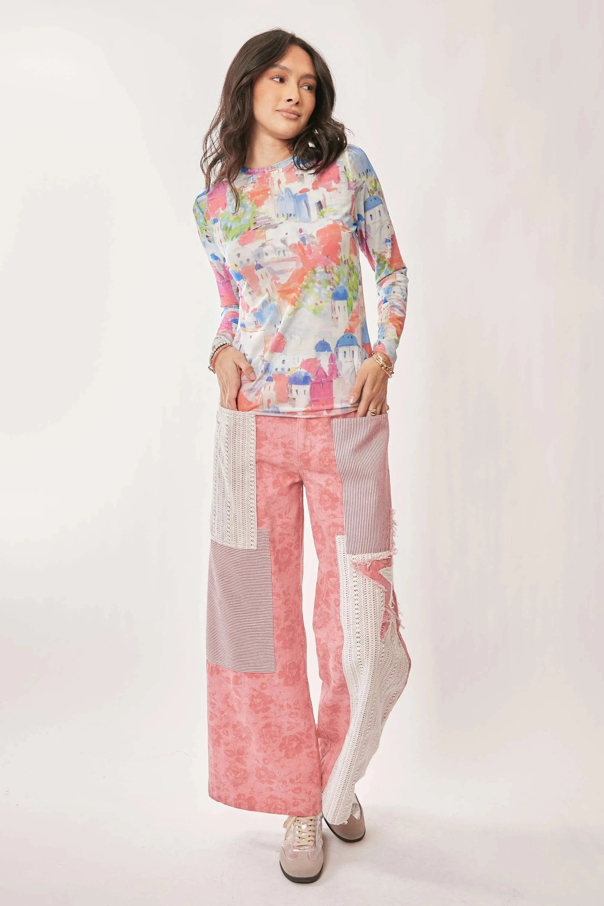 Davi & Dani Multi Printed Mesh Round Neck Long Sleeve Top