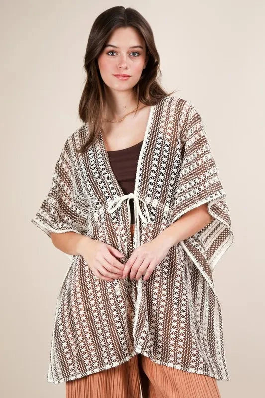 VERY J Full Size Striped Poncho Boho Cardigan Plus Size