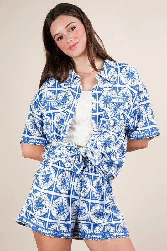 VERY J Full Size Tropical Printed Shirt Top and Shorts Set Plus Size
