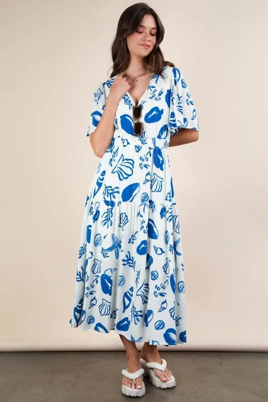 VERY J Printed V-Neck Resort Midi Dress
