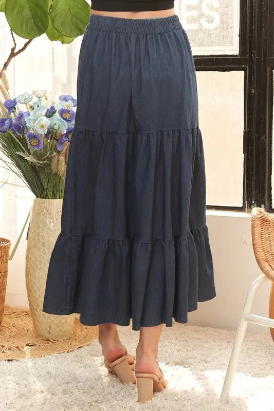 ADORA Waist Band Tiered Denim Maxi Skirt