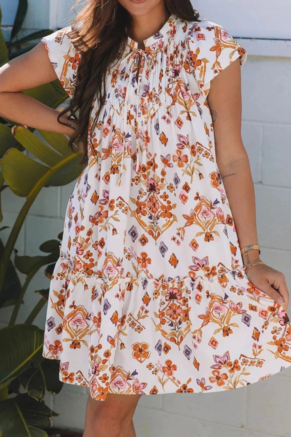 Printed Tie Neck Cap Sleeve Mini Dress
