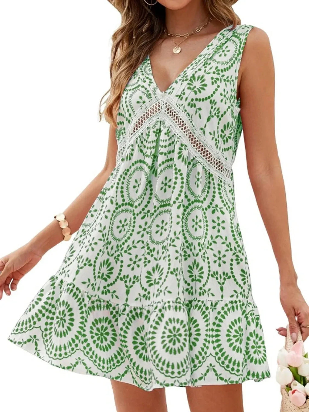 Printed V-Neck Sleeveless Mini Dress