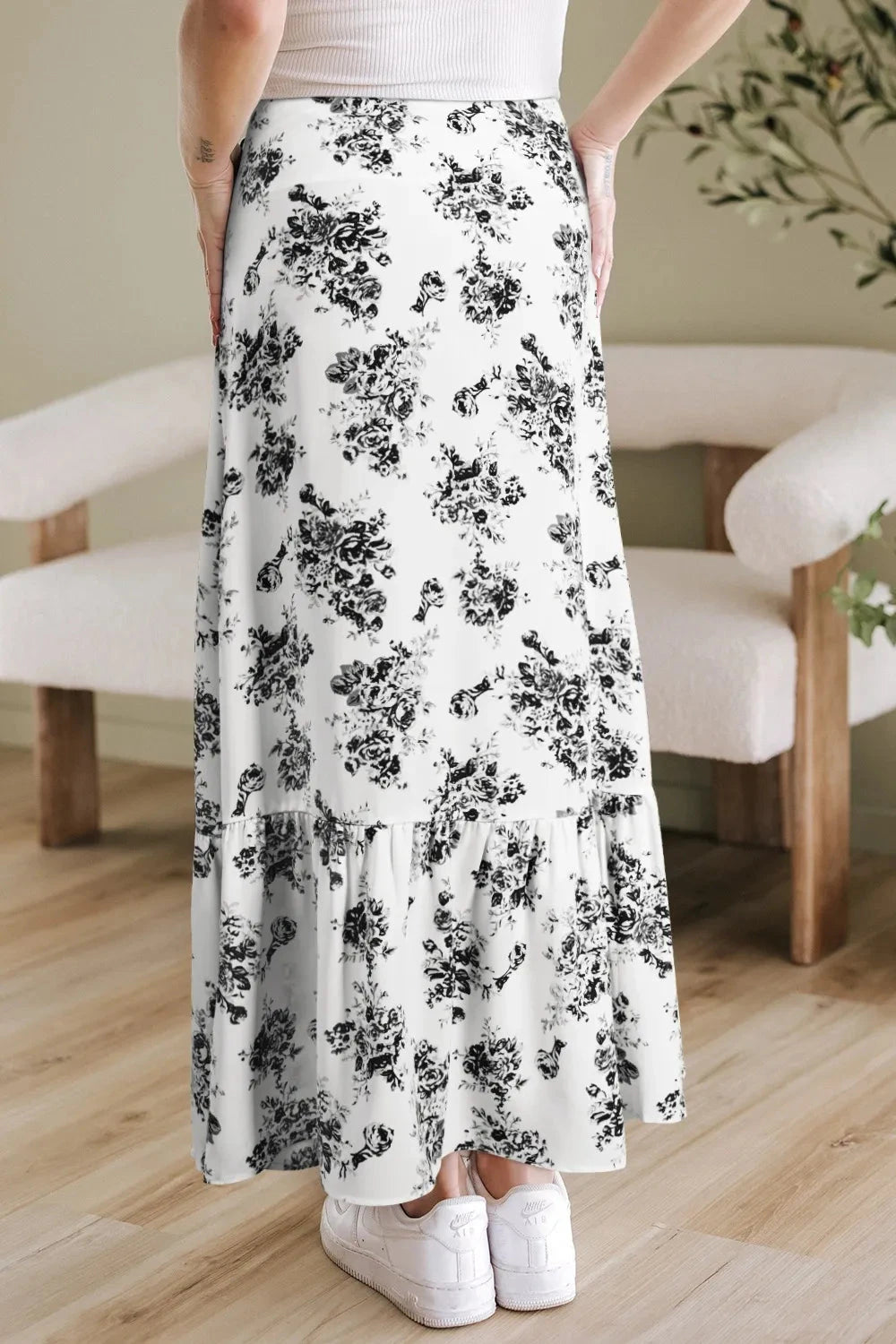 Boho Floral High Waist Ruffle Split Maxi Skirt