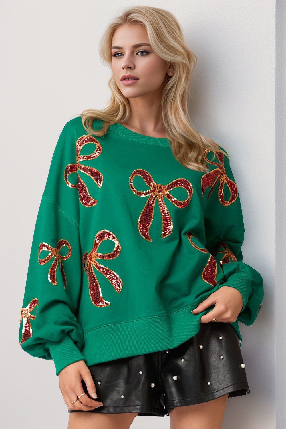Double Take Christmas Bow Sequin Round Neck Dropped Shoulder Sweatshirt - Laazaar