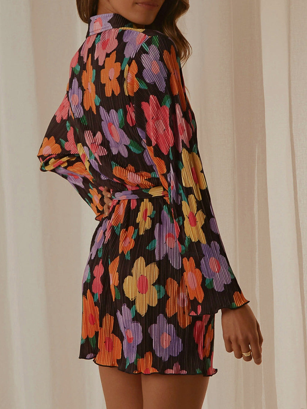 Tied Button Up Long Sleeve Dress - Laazaar