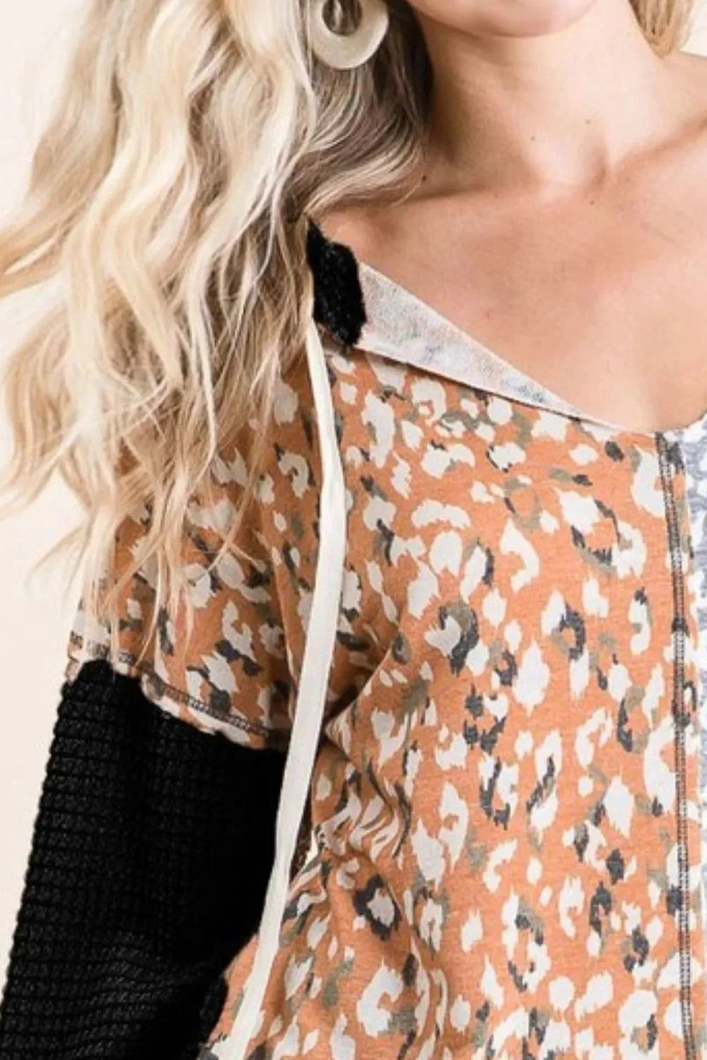 BiBi Popcorn Waffle Knit Hoodie with Print Block Front