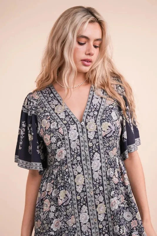 VERY J Shirring Detail Printed Woven Mini Dress