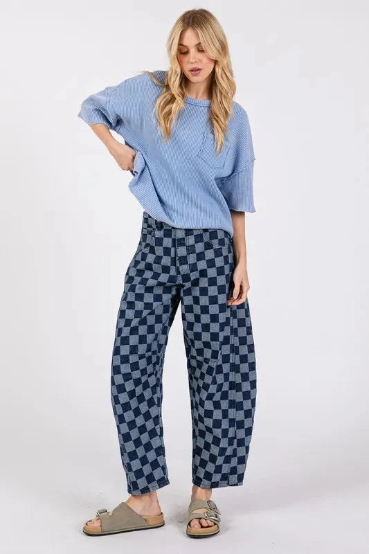 SAGE+FIG Barrel Style Leg Checkered Print Jeans