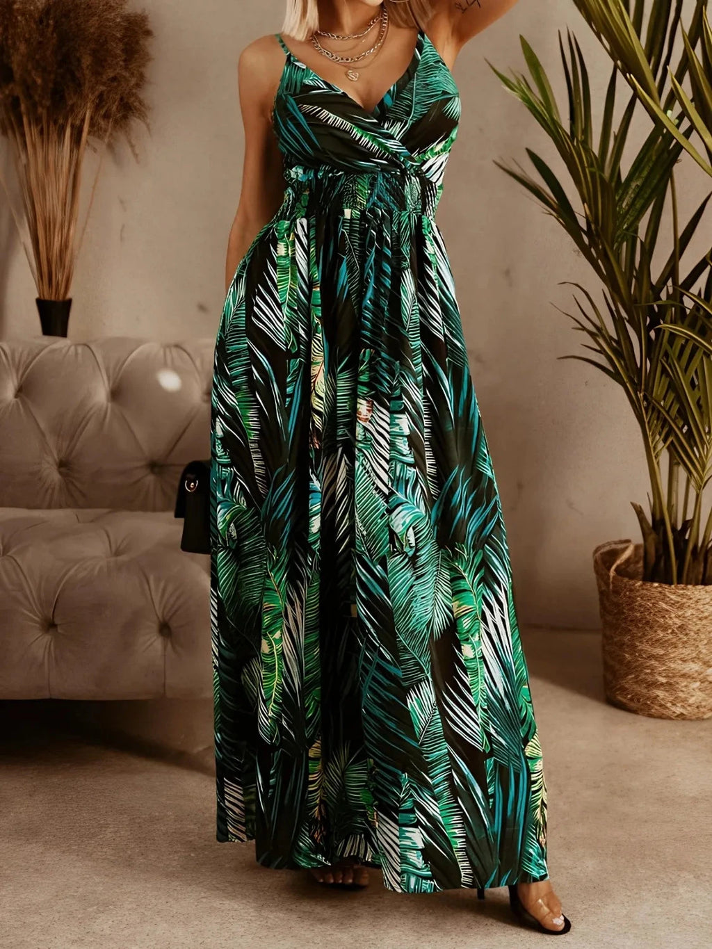 Smocked Printed Surplice Maxi Cami Dress