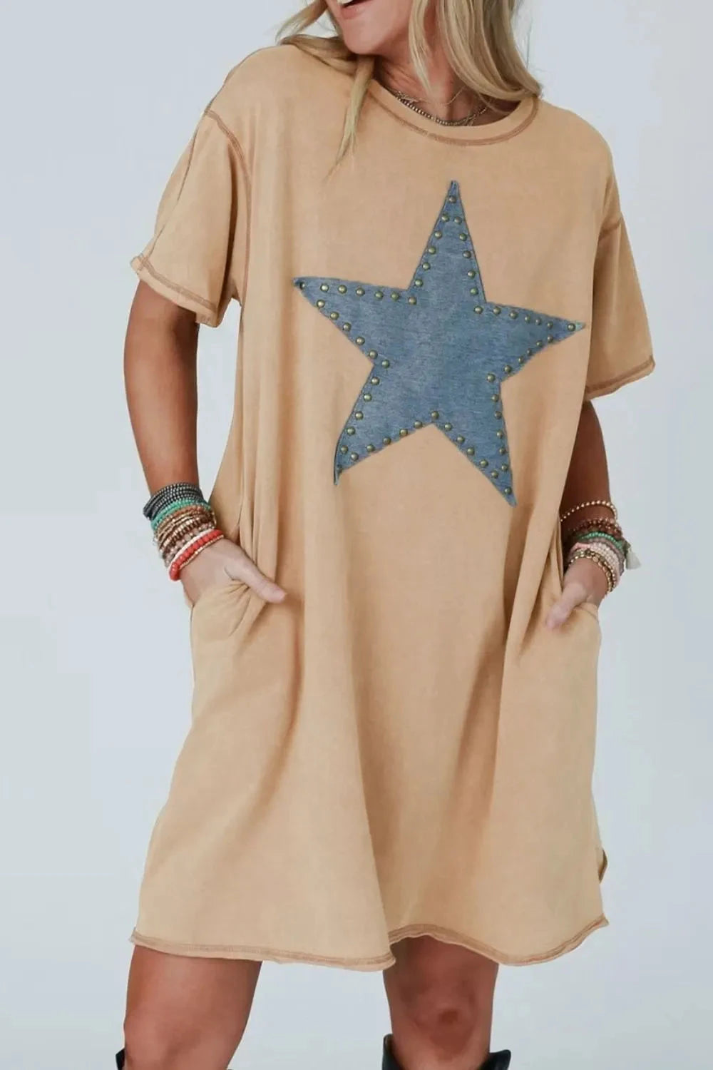 Mineral Wash Stud Beaded Star Pocketed T Shirt Dress