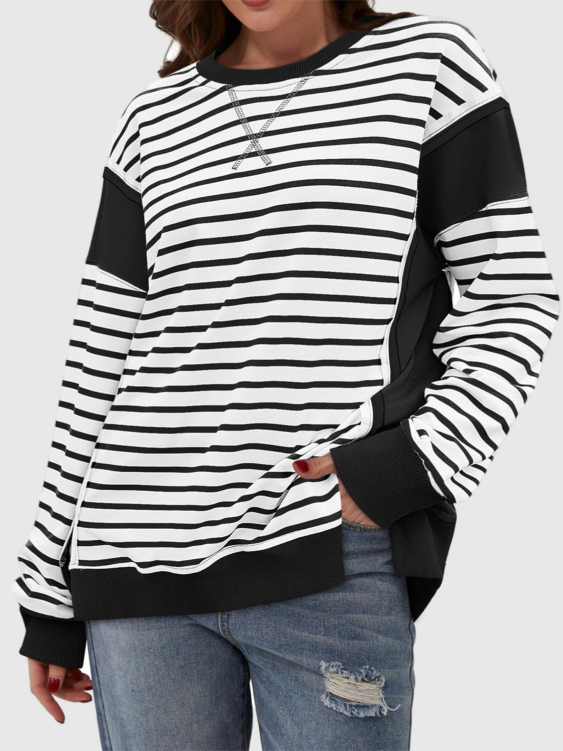 Slit Exposed Seam Striped Long Sleeve Sweatshirt - Laazaar