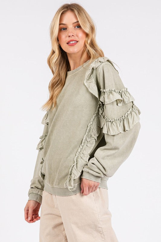 Mittoshop Ruffled Mineral Washed Round Neck Long Sleeve Sweatshirt - Laazaar