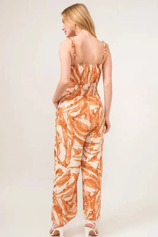 And The Why Waist Strings Abstract Print Wide Leg Jumpsuit