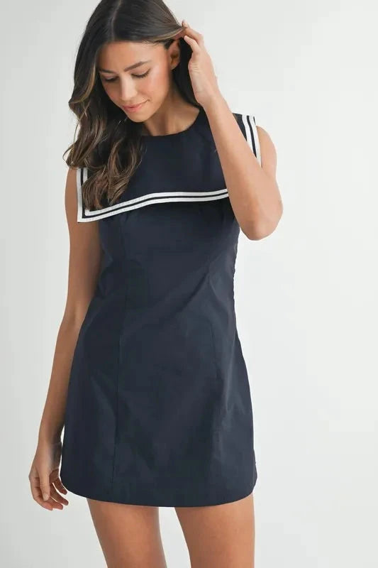 MABLE Contrast Piping Square Sailor Collar Mini Dress