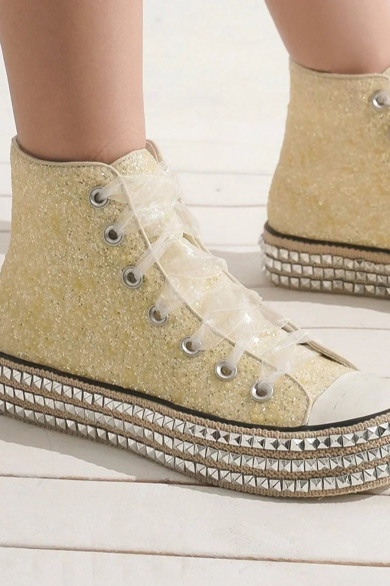 Beast Fashion Glitter Lace-Up Studded Platform Sneakers - Laazaar