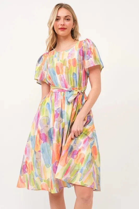 Lime 'N' Chili Watercolor Print Tie Front Midi Dress