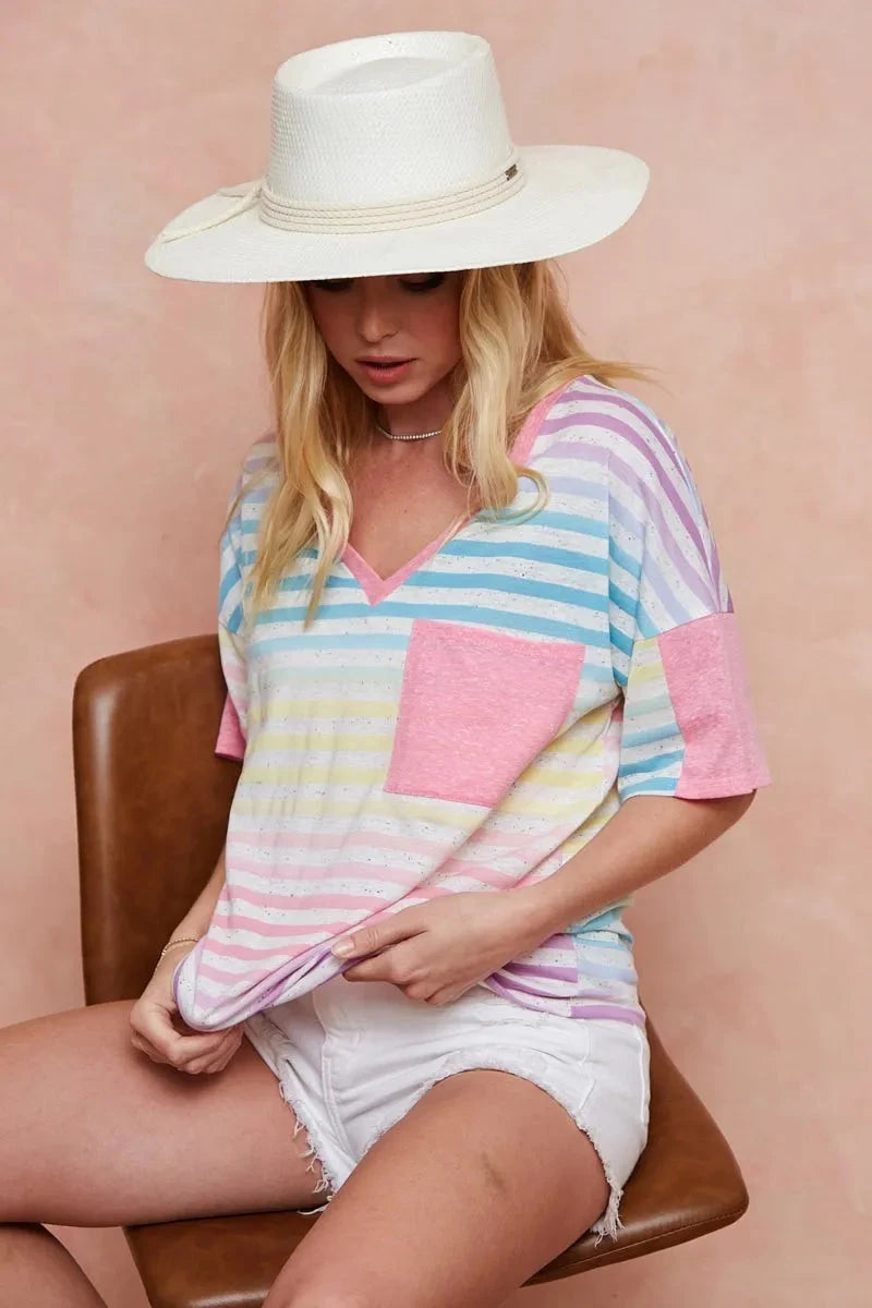 BiBi Rainbow Stripe Printed Triblend Knit Top