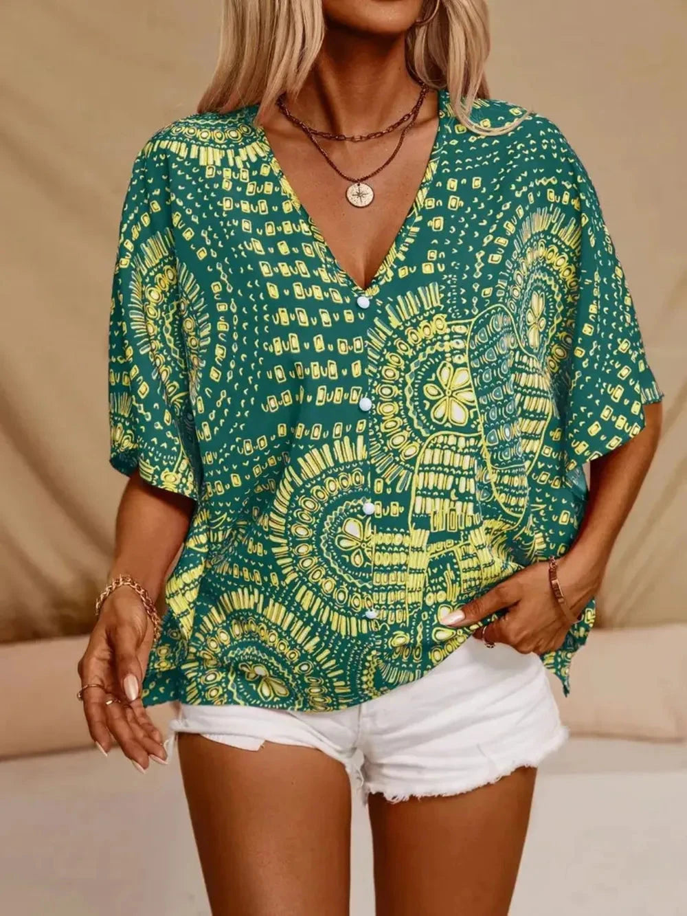 Printed V-Neck Half Sleeve Top