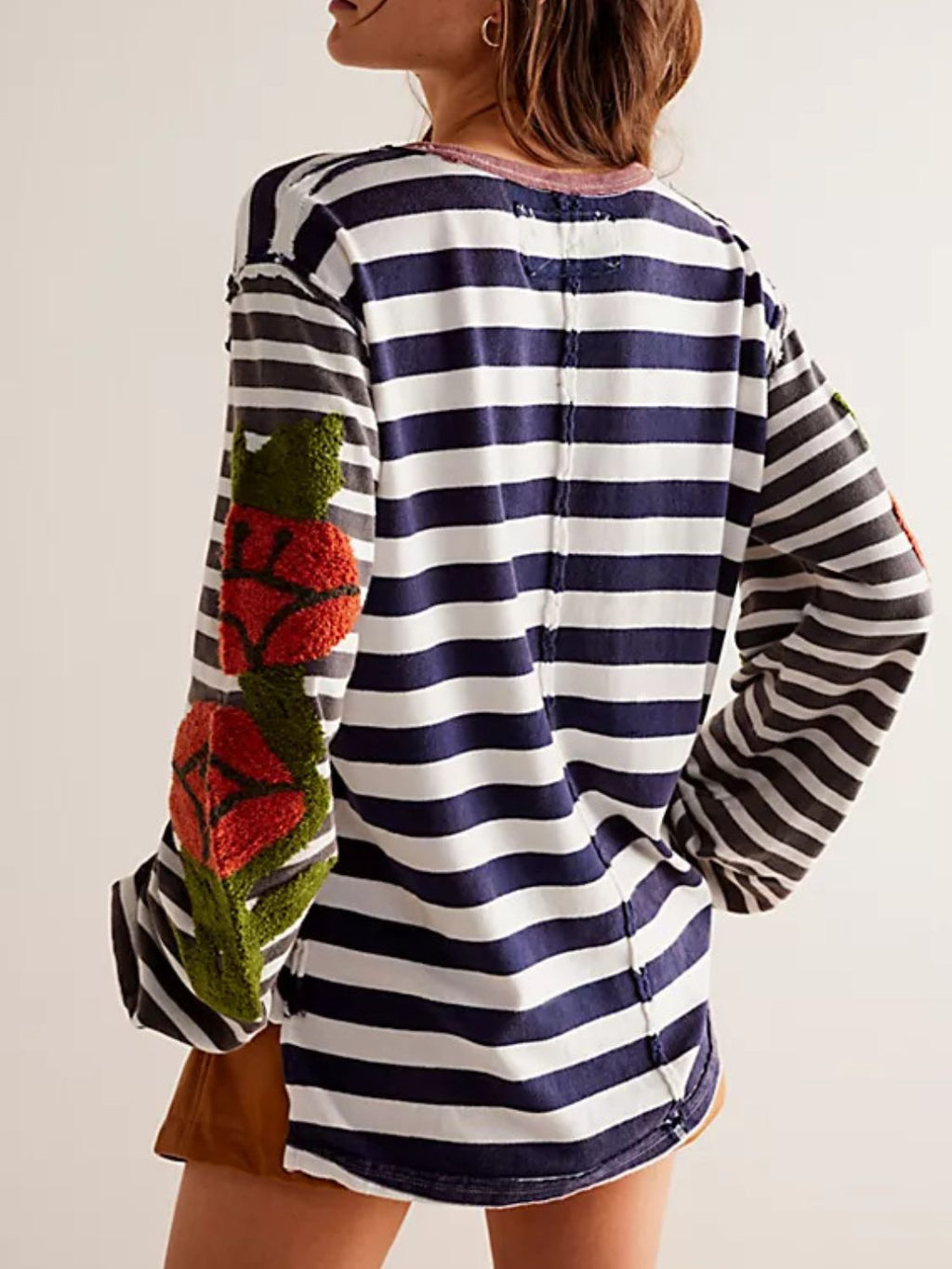 Striped Round Neck Long Sleeve Sweatshirt - Laazaar