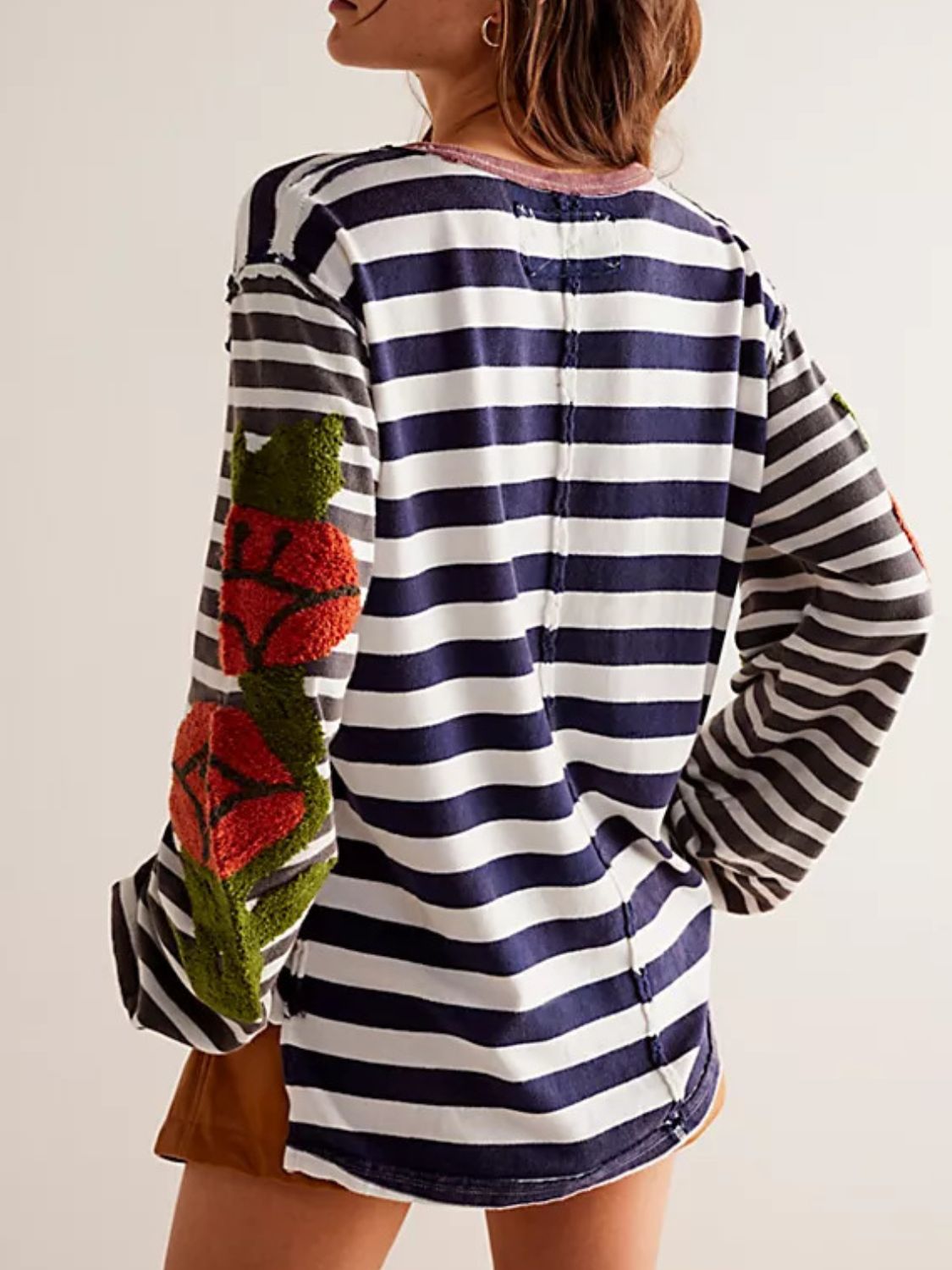 Striped Round Neck Long Sleeve Sweatshirt - Laazaar