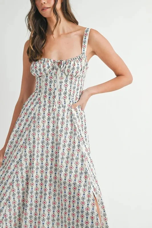 MABLE Floral Print Bustier Back Lace Up Midi Dress
