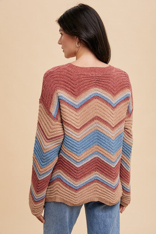 Annie Wear Multi Color Zig-Zag Round Neck Sweater - Laazaar