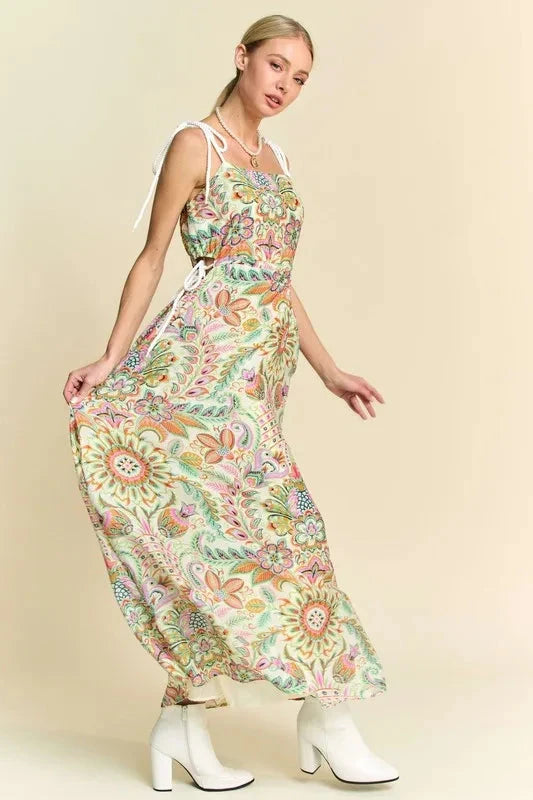 Davi & Dani Tropical Boho Printed Detail Cut Out Maxi Dress