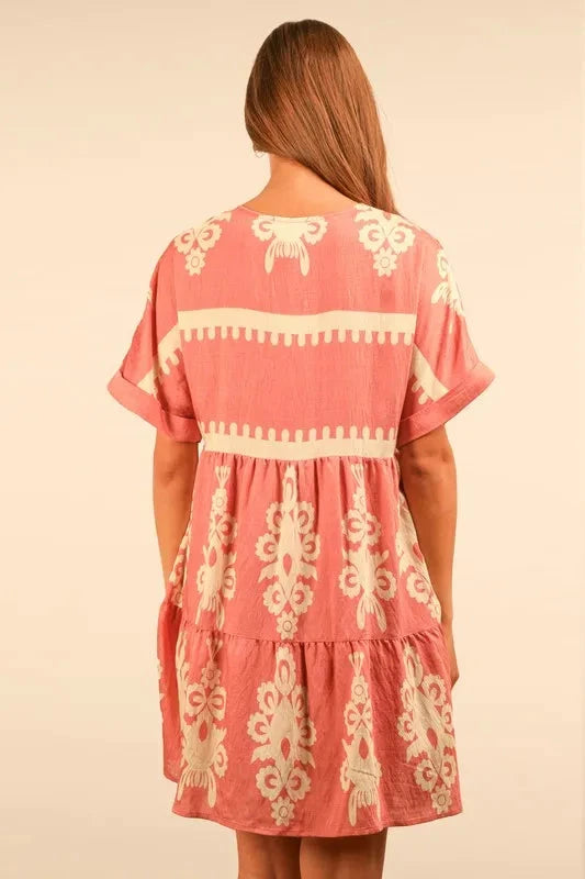 VERY J Plus Size Printed V-Neck Woven Mini Dress