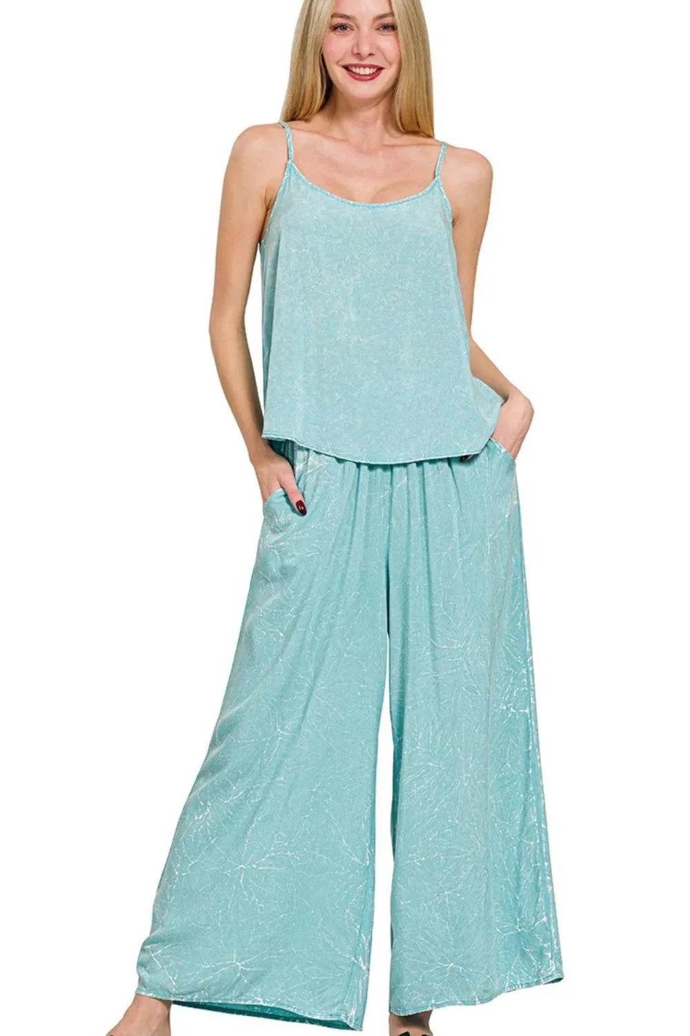 Zenana Woven Acid Crinkle Washed Cami & Pants 2 Piece Set