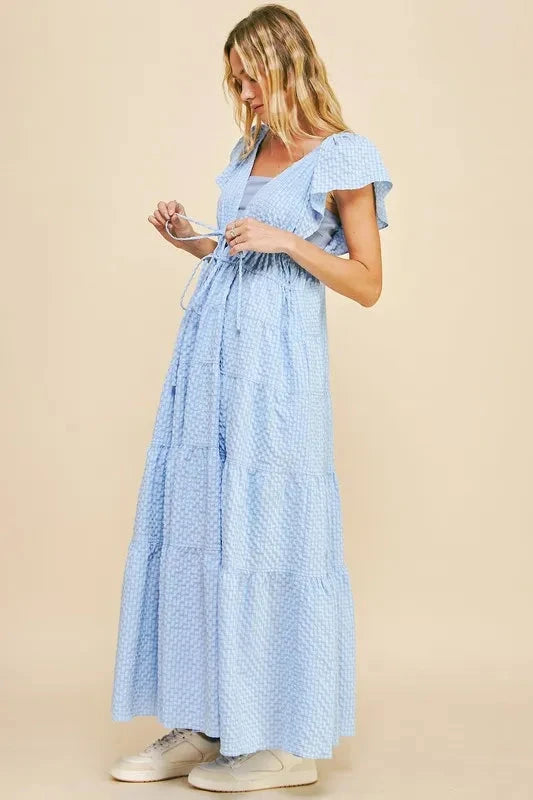 Davi & Dani Crinkled Texture Flutter Cap Sleeve Midi Dress