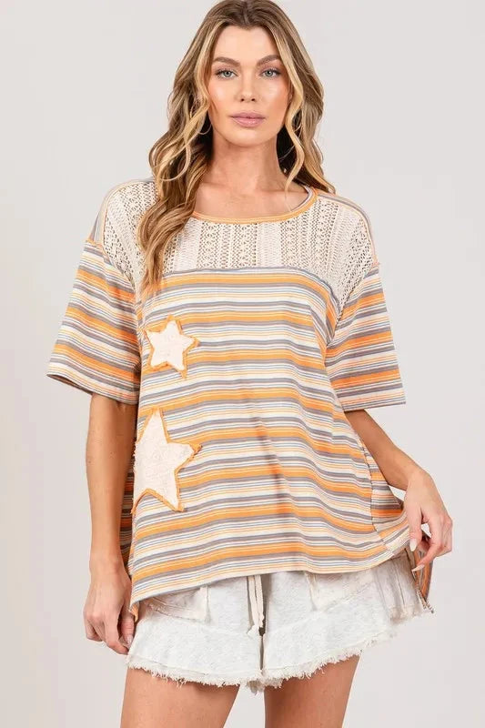 SAGE+FIG Accent Striped with Star Applique T-Shirt
