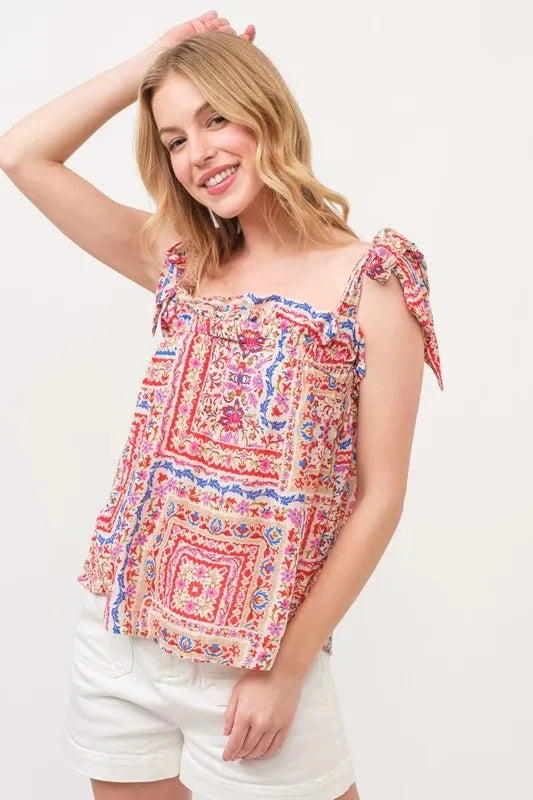 And The Why Ruffled Neck Tied Strap Boho Printed Swing Top