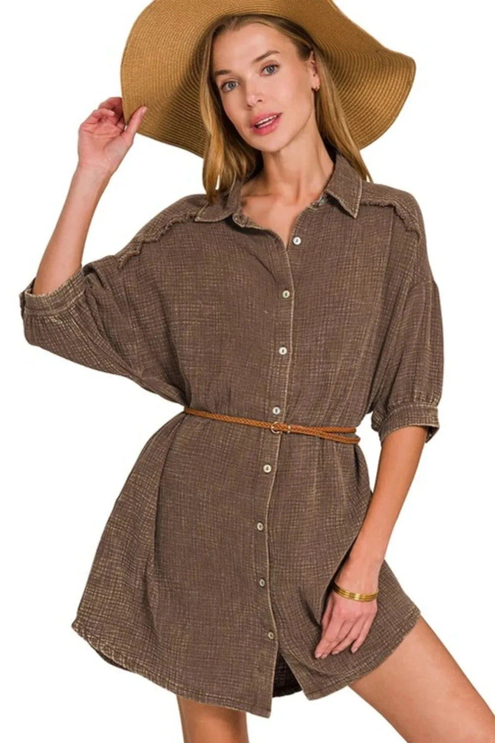 Zenana Washed Double Gauze Button Down Shirt Dress